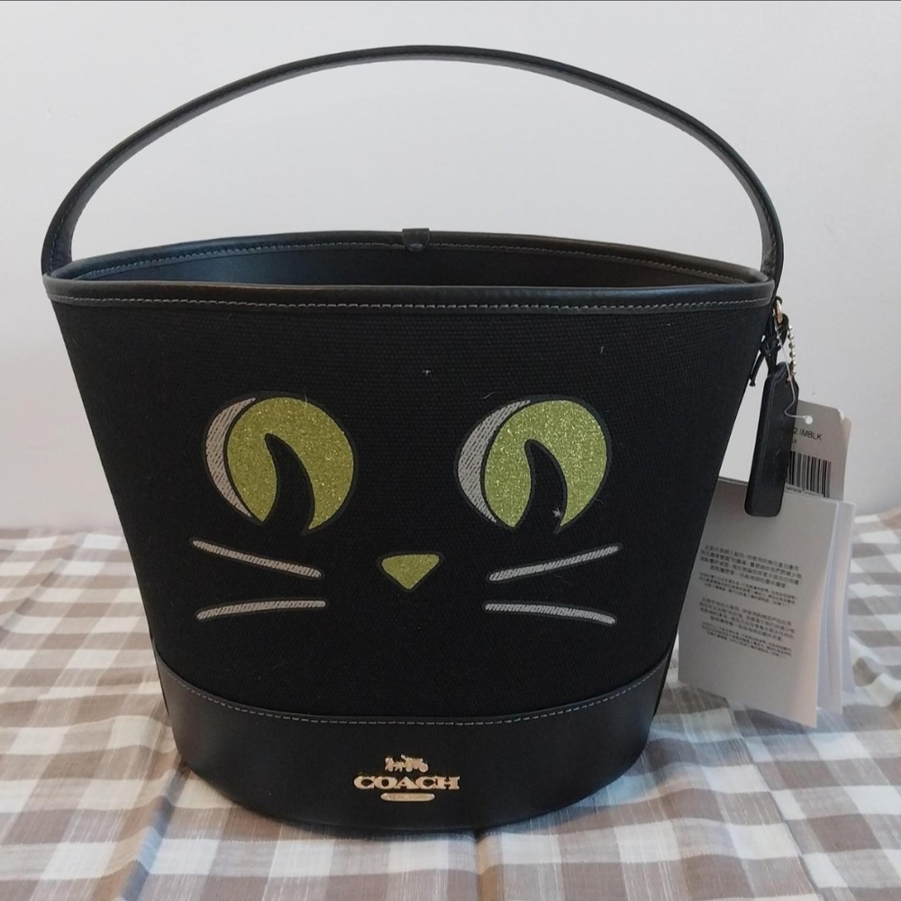 Coach Black and Green Cat Design Bucket Bag